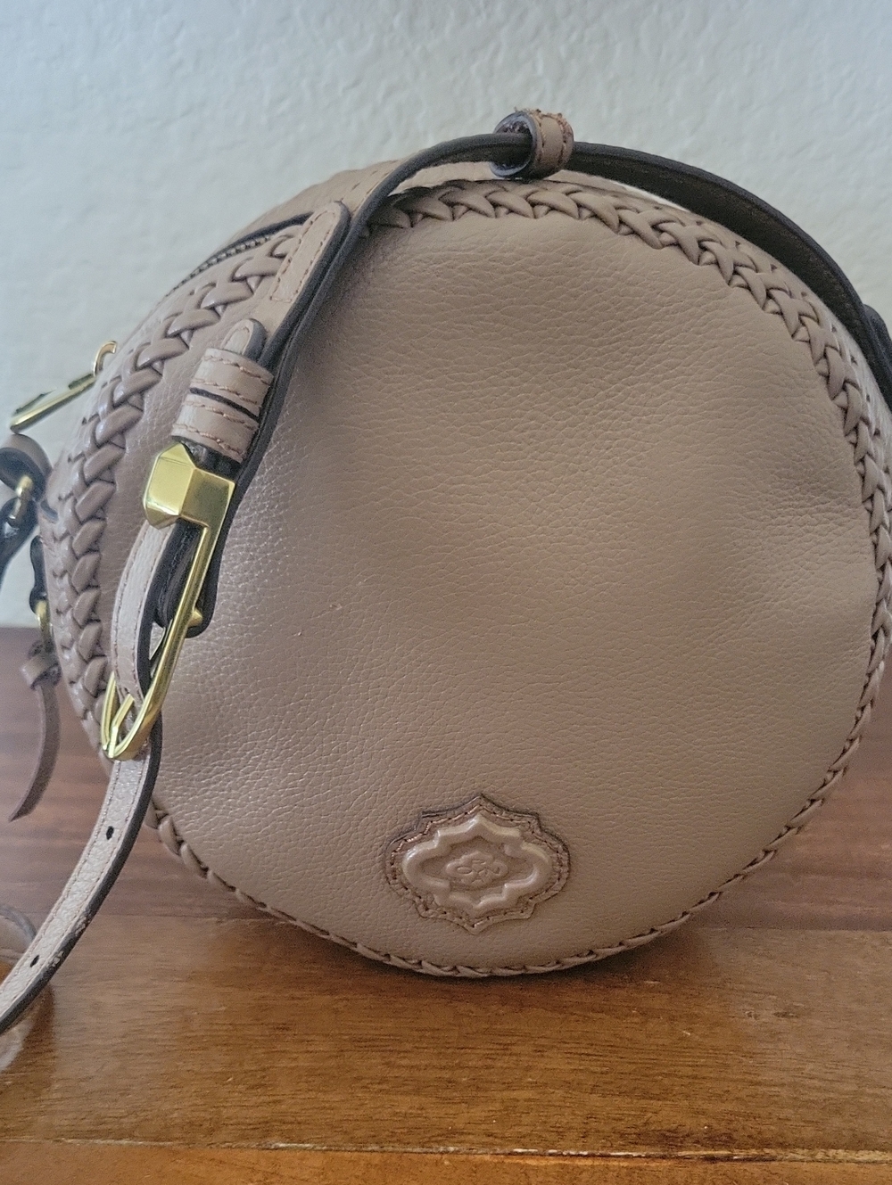 orYany Kaye Taupe Pebble Leather Canteen Crossbody Bag